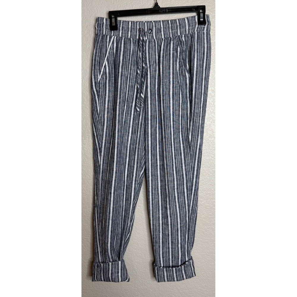 Calvin Klein Womens XS Striped‎ Linen Blend Drawstring Pants Blue White Cuffed